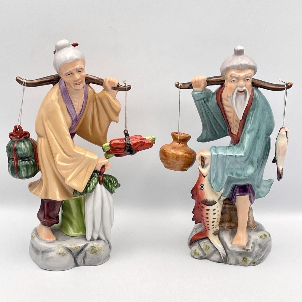 Vintage 1960s Asian Porcelain Figurine Pair Man Woman Carrying Goods 9.5"